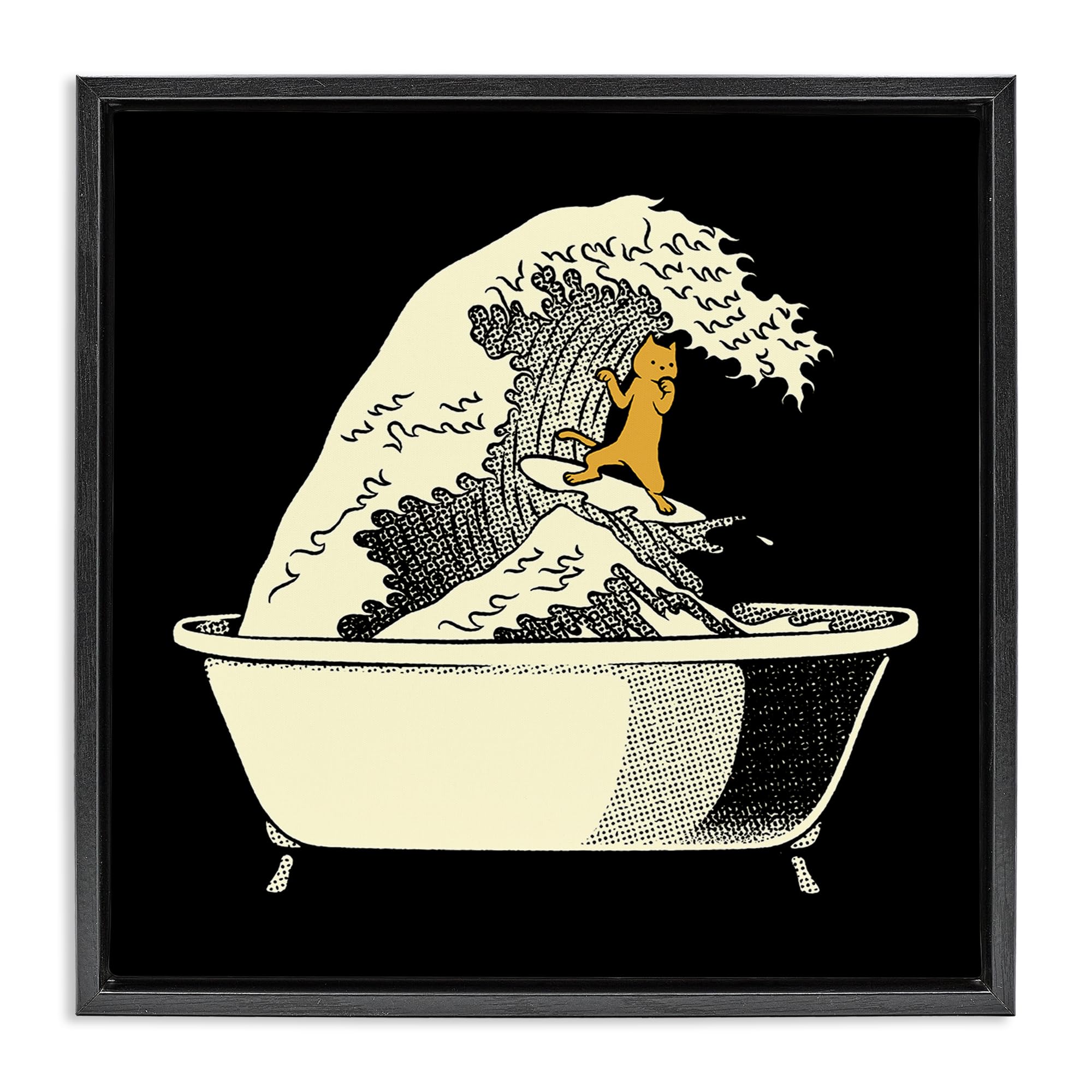 Stupell Industries Jet Black (Matte) Kanagawa Bathtub Cat Whimsical Ocean, 24 X 24 Inch Canvas In Floater Frame