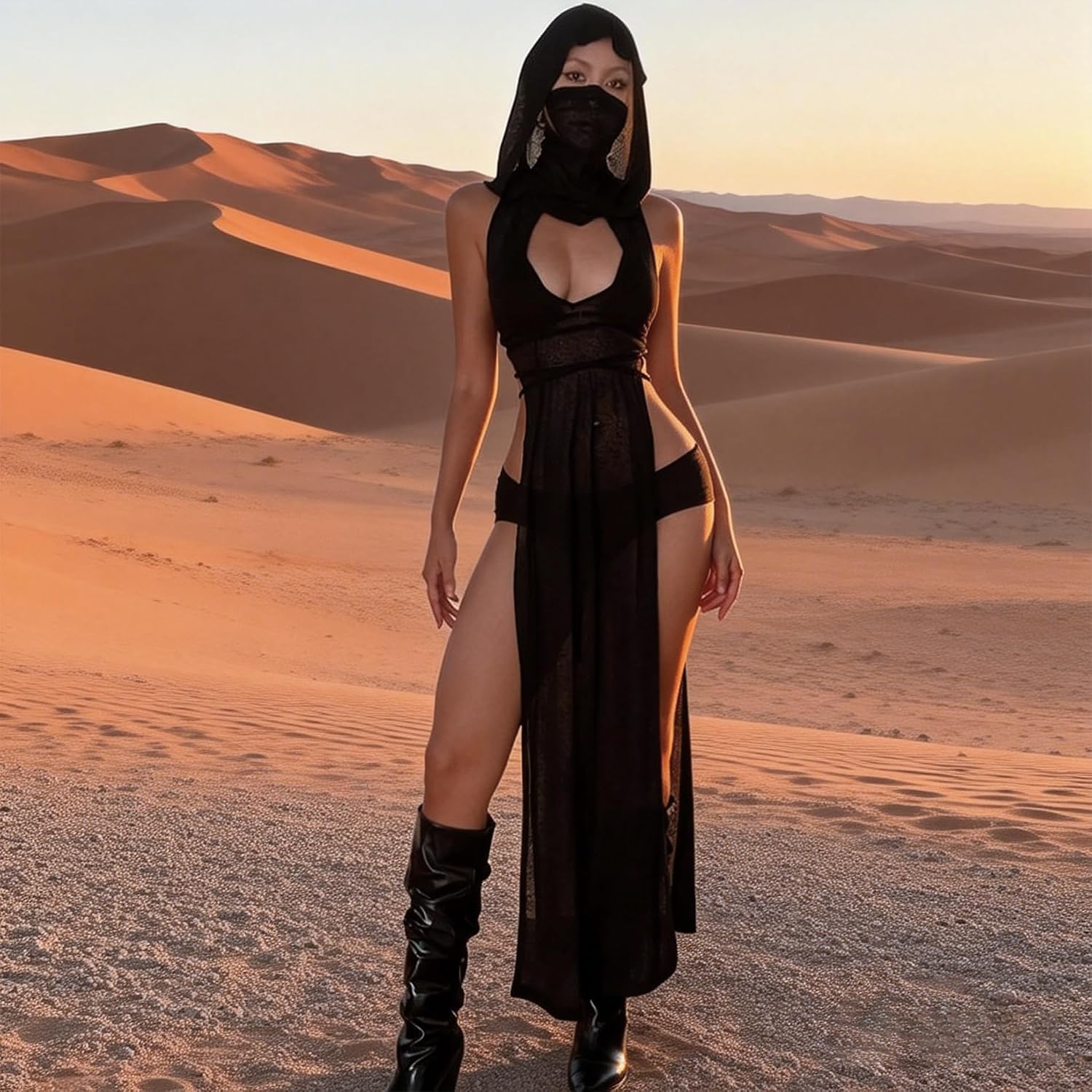 Black Hooded Rave Dress for Women - Stretchy High Split Bodycon Dress with Lace-Up & Mesh Hood | Sleeveless Streetwear