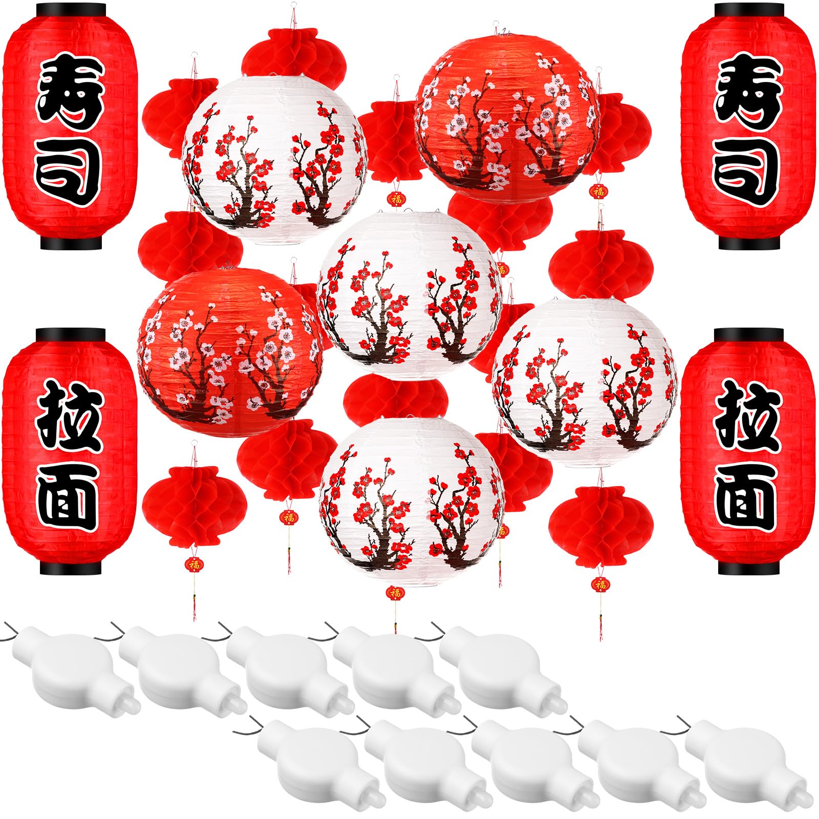 Tuanse 40 Pcs Decorations - Japanese & Chinese Lanterns, Cherry Blossom & Red Paper Lanterns, LED Lights for Indoor/Outdoor (White, Red)