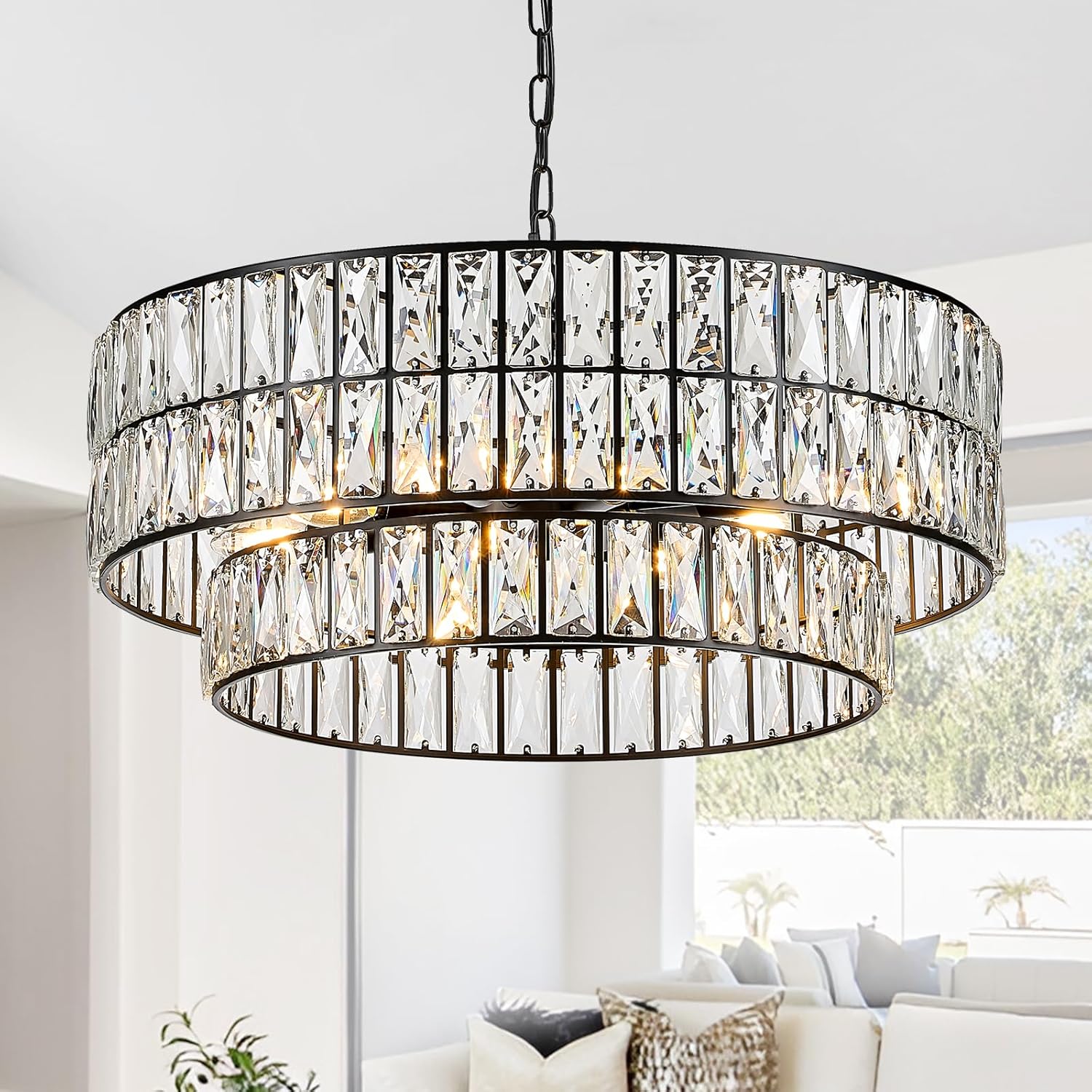 24'' Black Crystal Chandeliers Luxury 8-Lights Pendant Chandelier Drum Semi Flush Mount Ceiling Lights for Living Room Dining Room Foyer Bedroom Kitchen Black Large-24”