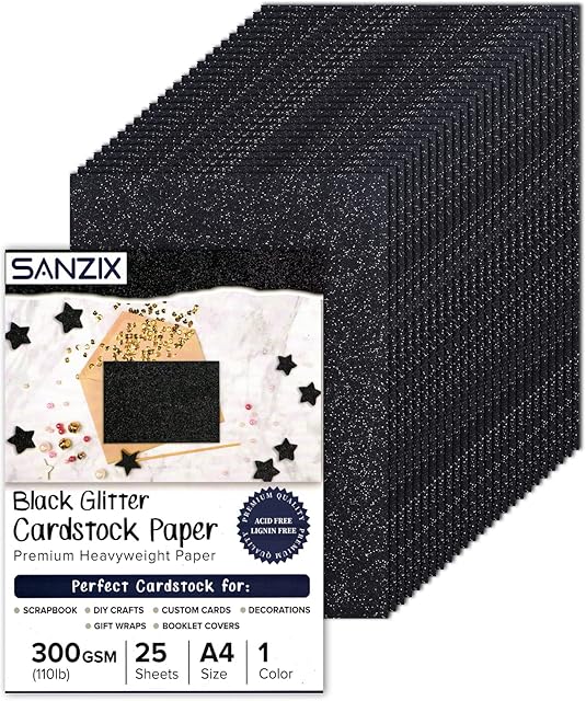 SANZIX 25 Sheets Black Glitter Cardstock - 110lb. 300 GSM - 8.2 x 11.7 Inch Heavyweight Glitter Paper Cardstock for Cricut, Scrapbook, DIY Crafts, Decor, Gift Wraps, Booklet Covers, Custom Cards