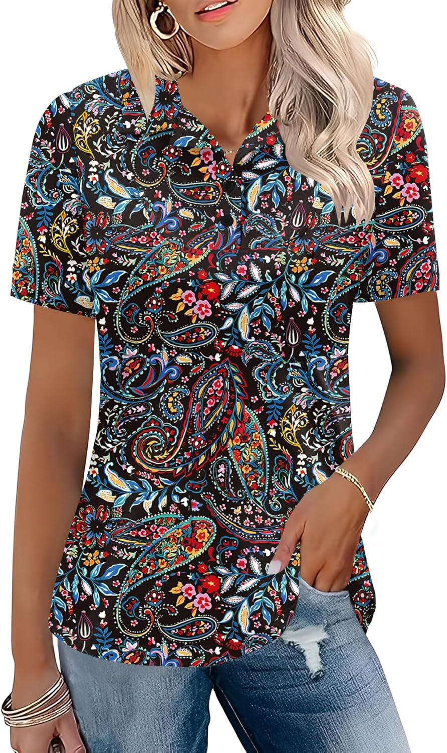 Rapbin Womens Short Sleeve Polo Shirts Business Casual Collared V Neck Tops Summer Cotton 4 Buttons Polos Tshirts