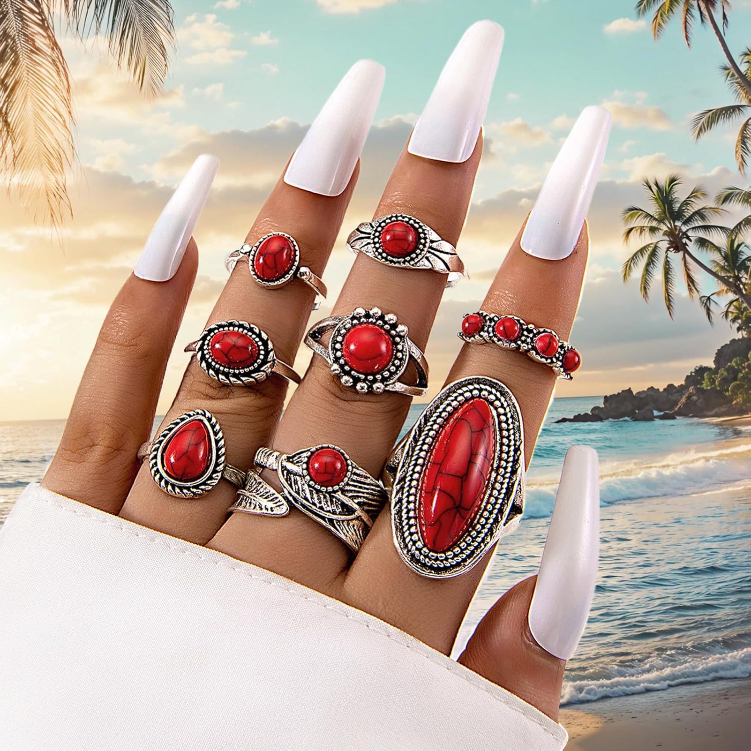 8 PCS Western Turquoise Rings for Women Boho Stackable Knuckle Rings Set Oval Gemstone Rings Country Concert Outfits Boho Jewelry Accessorie, Red - Image 3
