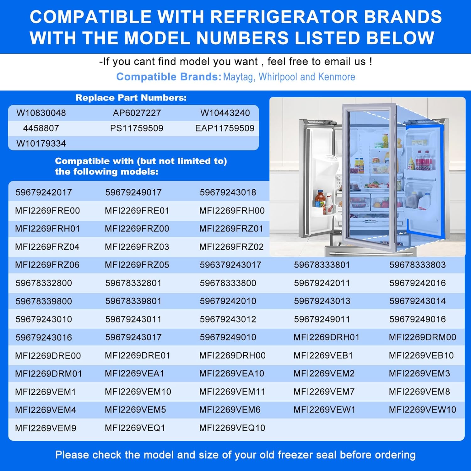 Upgraded 41.73"x13.98" W10830048 Refrigerator Door Gasket (Left Side) Replacement Compatible with Kenmore Maytag Refrigerator Door Seal W10179334 W10443240 4458807 AP6027227 PS11759509 EAP11759509