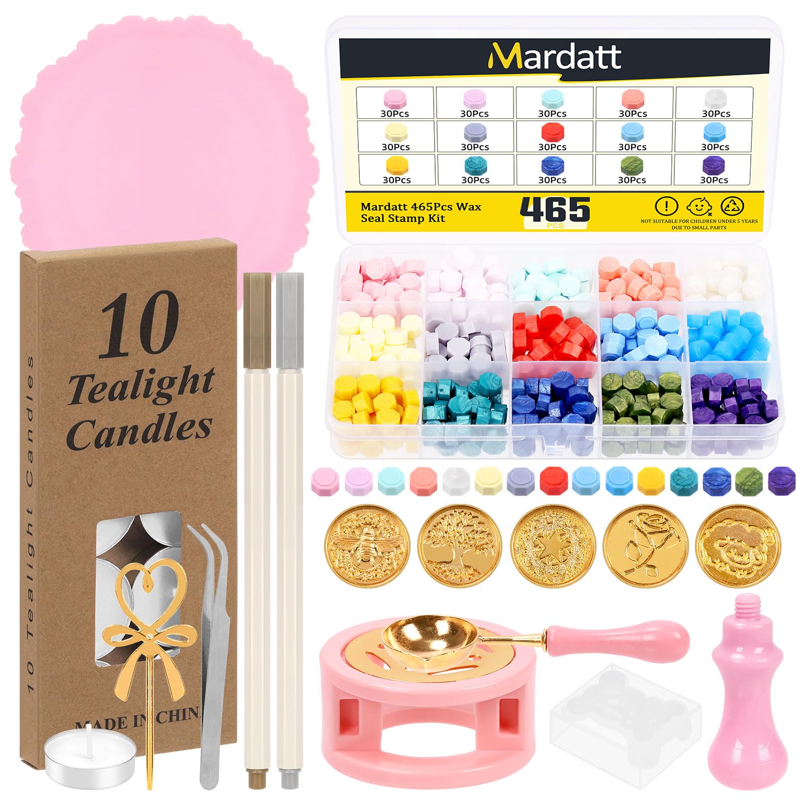 Mardatt 474Pcs Sealing Wax Kit, Assorted Color Wax Seal Beads with Seal Stamp, Warmer for Letter Sealing Invitation Cards