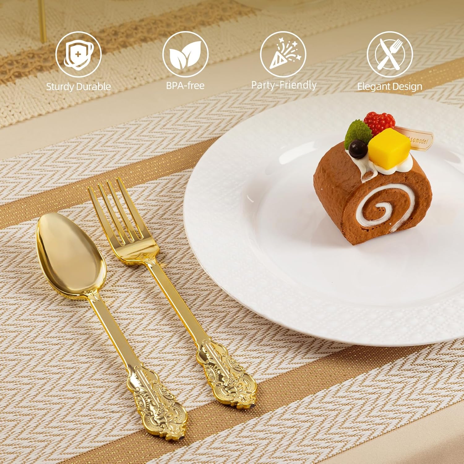 N9R 200PCS Gold Spoons and Forks Set, Heavy Duty Gold Plastic Silverware Set Fancy Disposable Utensils for Parties, Elegant Cutlery Sets for Wedding, Birthday(100 Forks & 100 Spoons) - Image 3