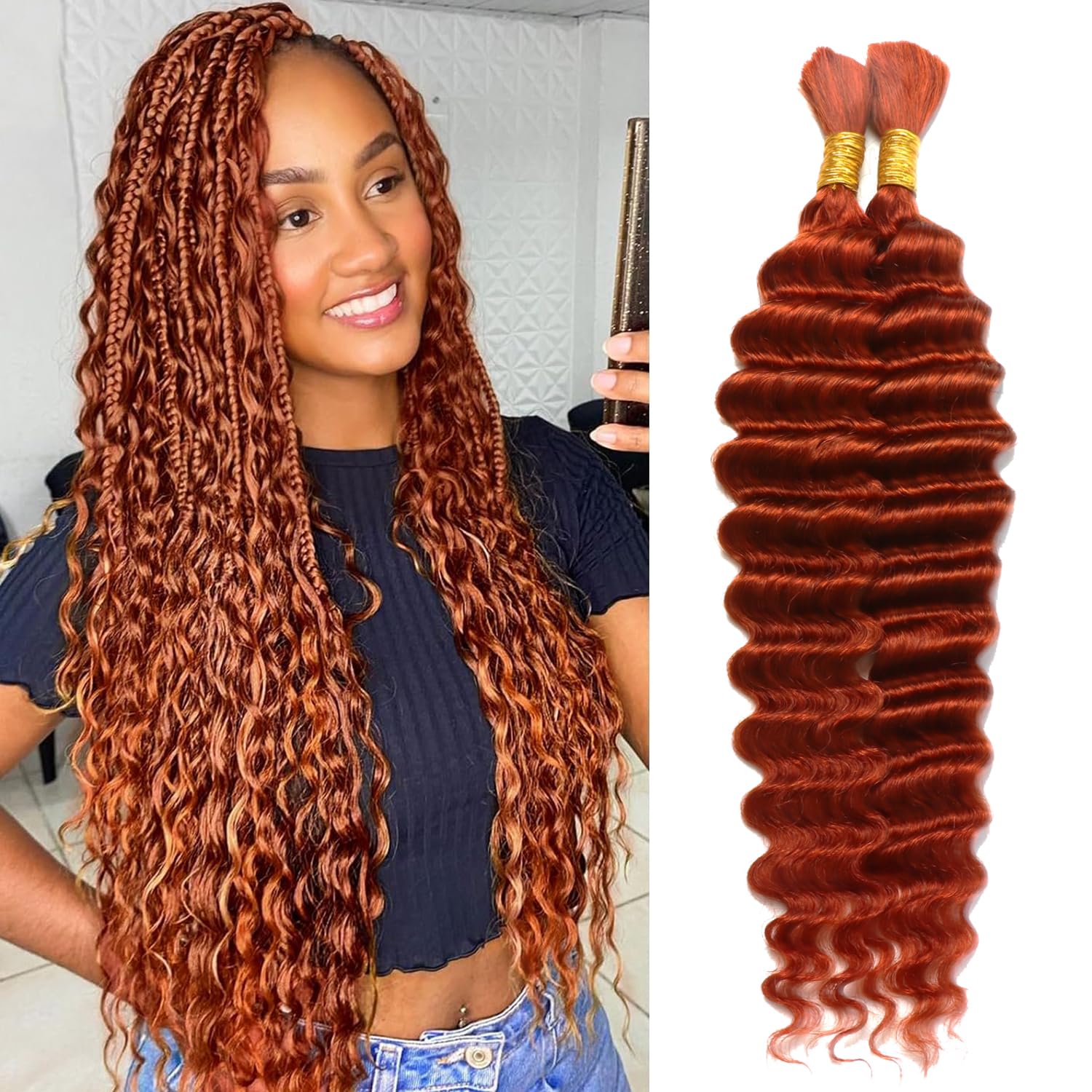 Deep Curly Human Braiding Hair for Boho Braids 2 Bundles 16 Inch 100g Water Wave Bulk Human Hair for Micro Braiding Wet and Wavy Bundles Hair Extensions 350#