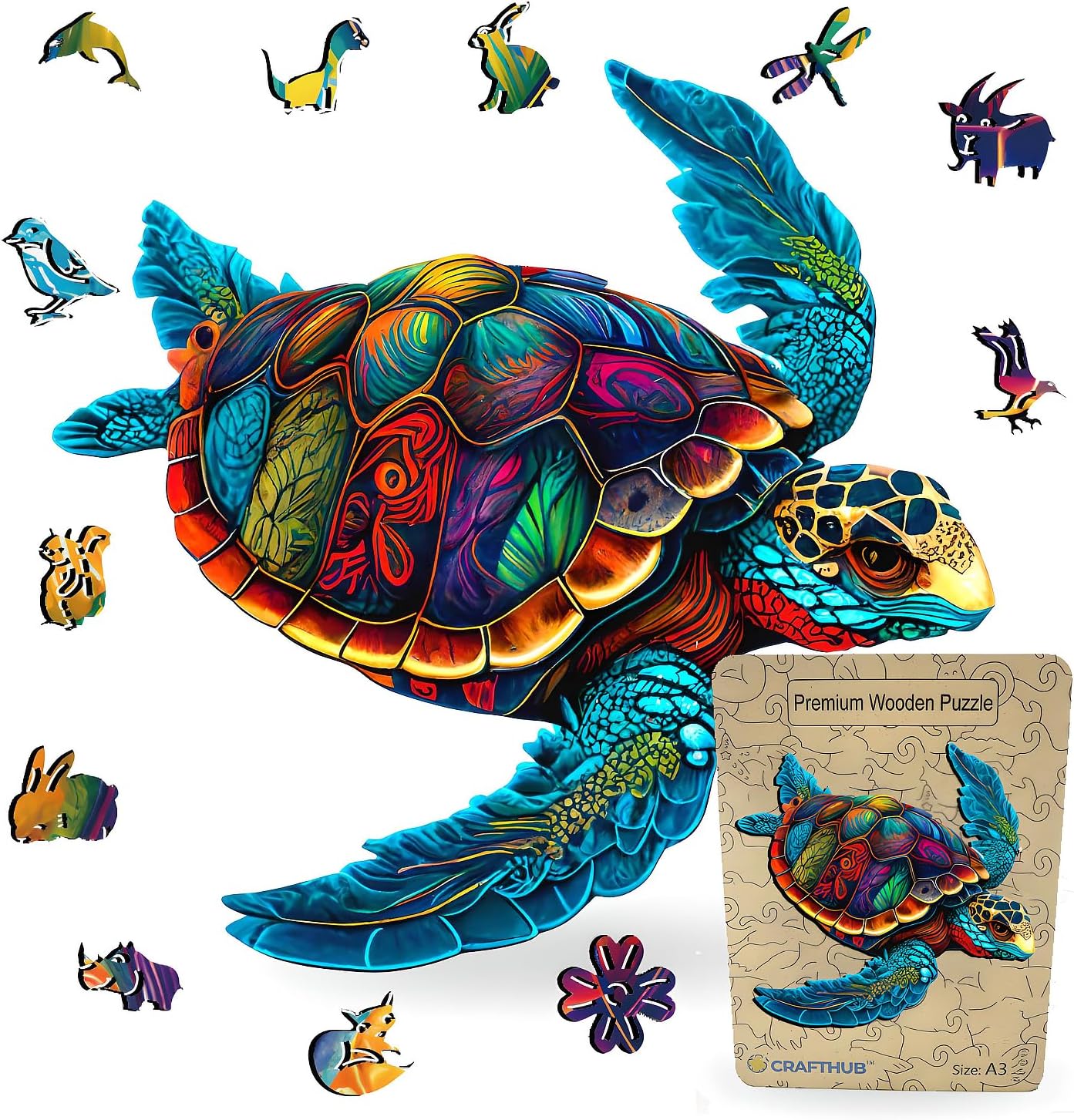 Animal Wooden Puzzles for Adults โ A4 Vibrant Sea Turtle with 114 Pieces โ Jigsaw Puzzles with Unique Animal Shapes โ 7.7" x 7.4"