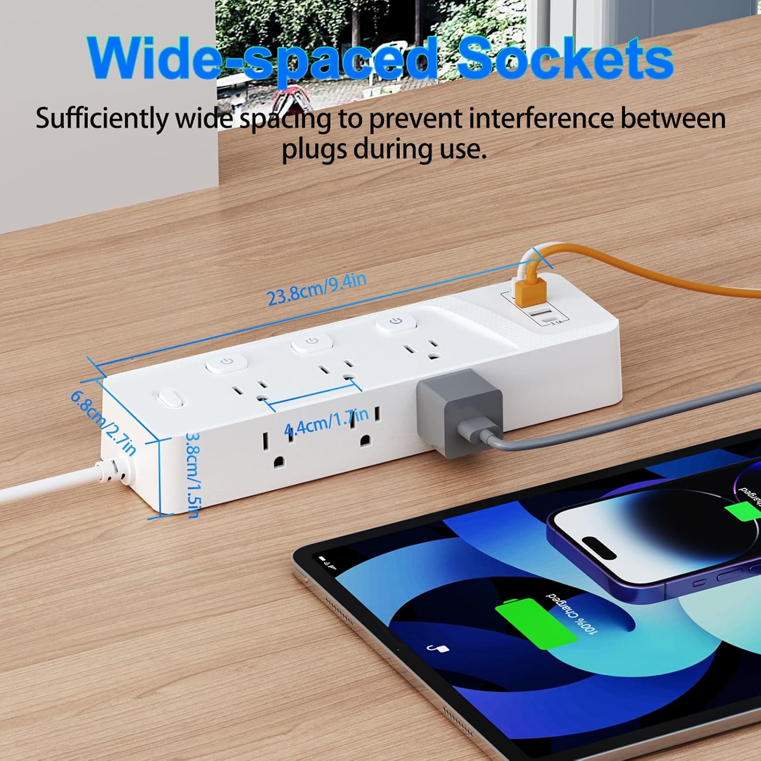 HITRENDS - Flat Plug Extension Cord, 6FT Power Bar with Individual Switches, 6 AC Outlets and 4 USB Ports (2 USB-B + 2 TYPE-C), Suitable for Bedrooms, Kitchens, Living Rooms, Offices, and More (White)