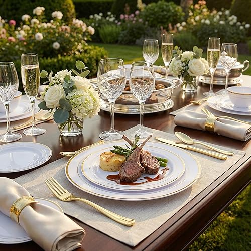 Miniatura 2 de Supernal 102 platos de plástico blanco y dorado, platos desechables resistentes, juego de vajilla de plástico dorado elegante incluye 51 platos de