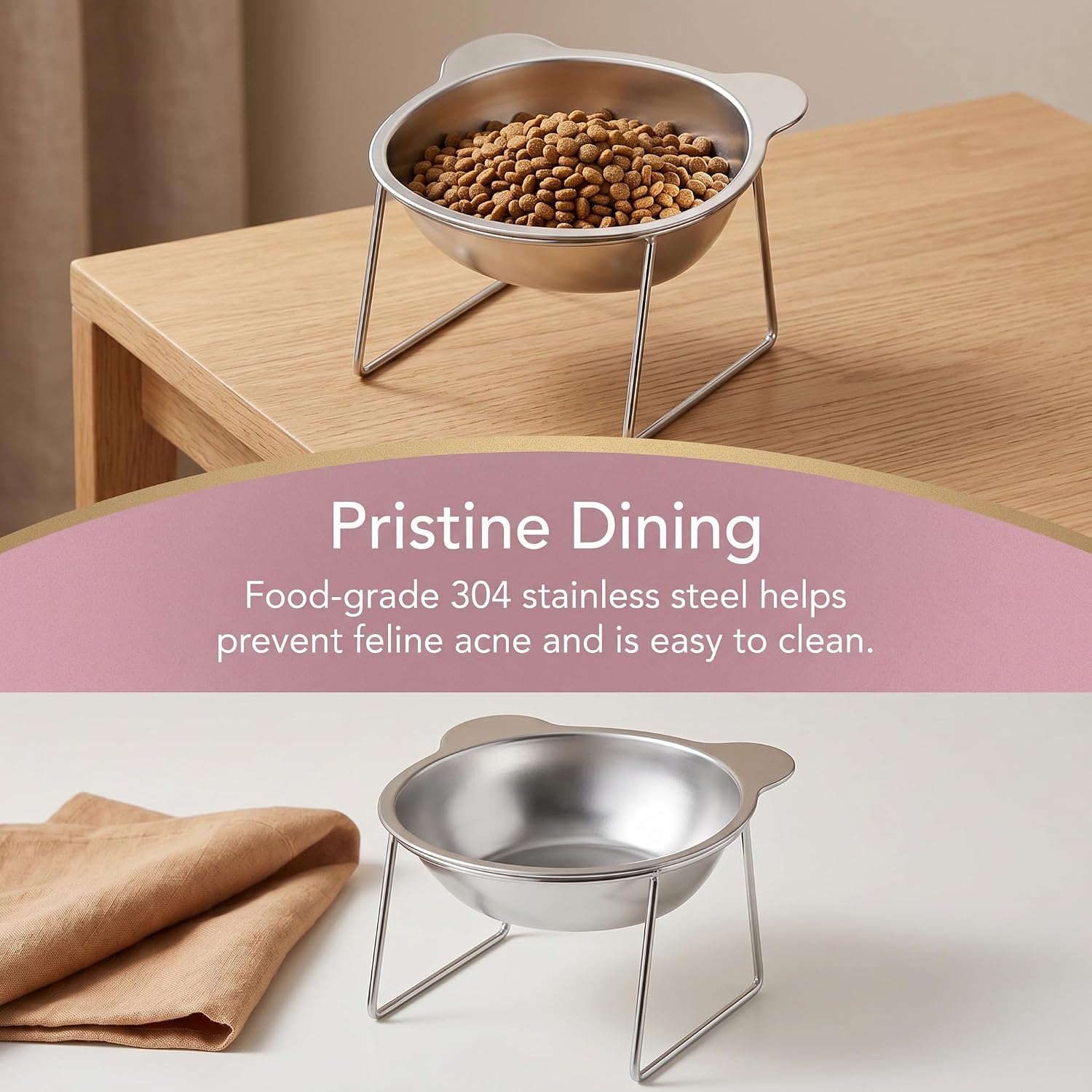 Elevated 304 Stainless Steel Cat Bowl, 5.9 Inch Wide Opening with 15 Degree Tilt, Raised Food and Water Dish, Anti Vomiting Whisker Friendly for Indoor Cats and Small Dogs, Dishwasher Safe