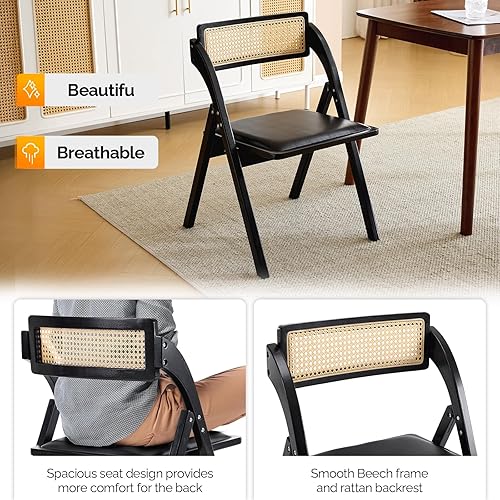 Miniatura 4 de VINGLI Juego de 2 sillas plegables de comedor, sillas plegables de madera con respaldo de ratán, cojín de cuero, marco de madera de haya sin brazos