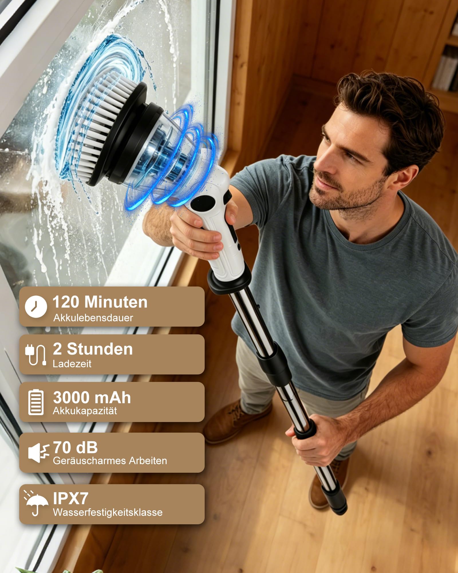 Cepillo de limpieza eléctrico 8 en 1, cepillo de limpieza eléctrico con mango extensible, USB-C, IPX7 impermeable, 3 velocidades, cepillo eléctrico para ducha, azulejos, suelos, cocina