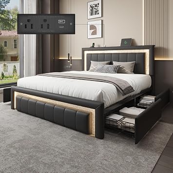 Queen Bed Frame with Charging Station, Storage Drawers, Upholstered Black