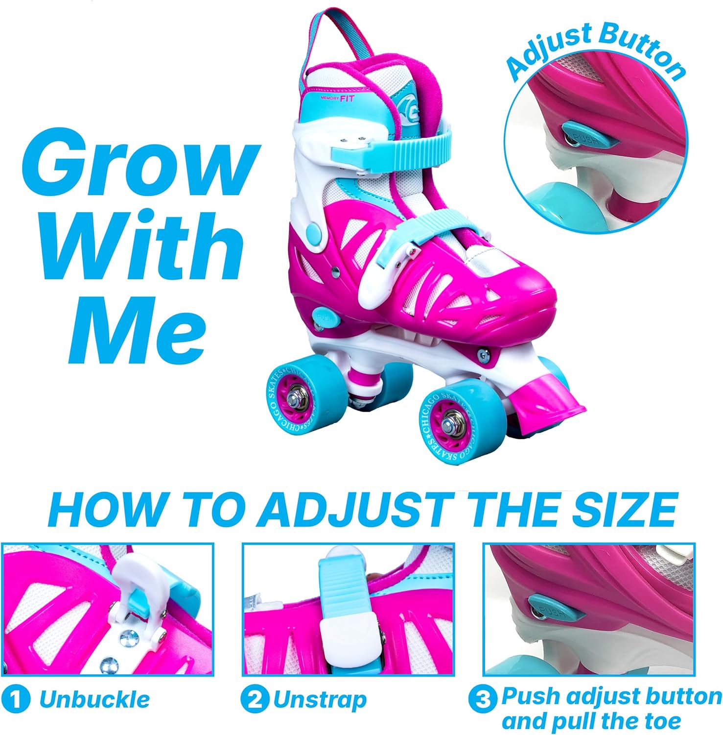 Chicago Skates Glitzy Kids Roller Skates - Adjustable Roller Skates Girls Boys, Light-Up Wheels, Durable Beginner Quad Skates with Front Stopper, Comfortable, Smooth Rolling, Indoor Outdoor, Age 3+