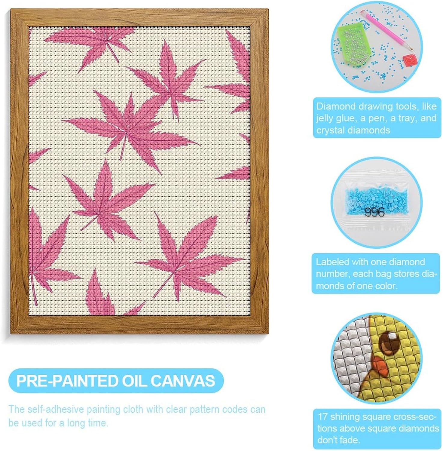 Weed Leaves Pattern Diamond 5D Painting Kits with Frame DIY Full Round Drill Gem Art Crafts for Home Wall Decor 16 X 20in Yellow Wood 40 * 50cm