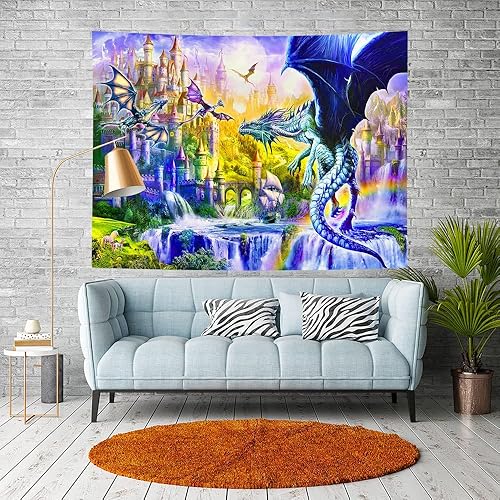 Ine Ive Tapiz de dragón de fantasía, estilo de animales medievales, decoración de pared, arte psicodélico, hippie, para colgar en la pared (#1, 40 x