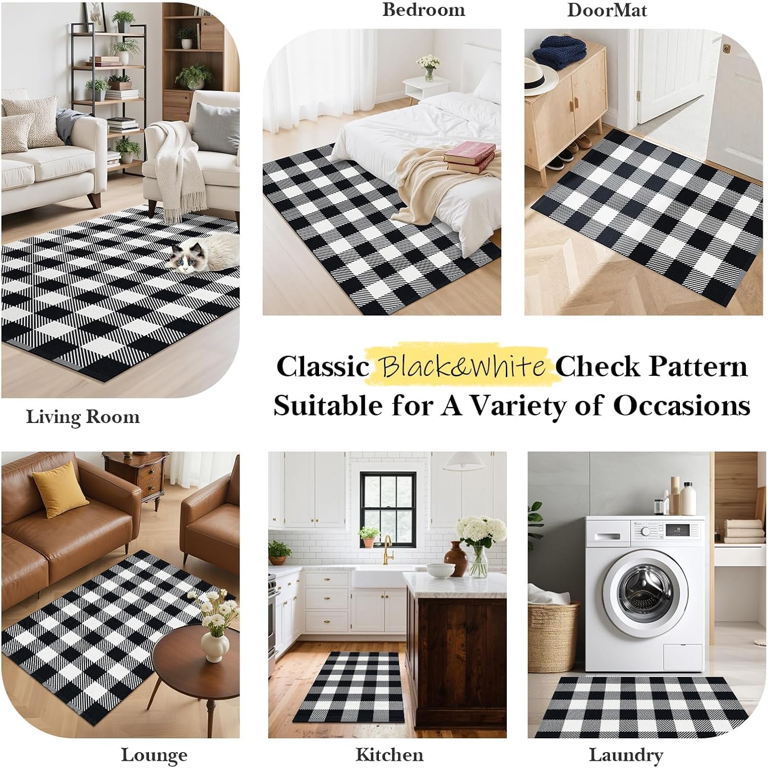 Area Rug, 2’4’’ x 3’7’’ Black and White Checkered Rug Plaid Outdoor Rugs, Soft Machine Washable Cotton Woven Welcome Mat Area Rugs for Home Decor, Bedroom, Doormat, Balcony, Porch, Patio - Image 5