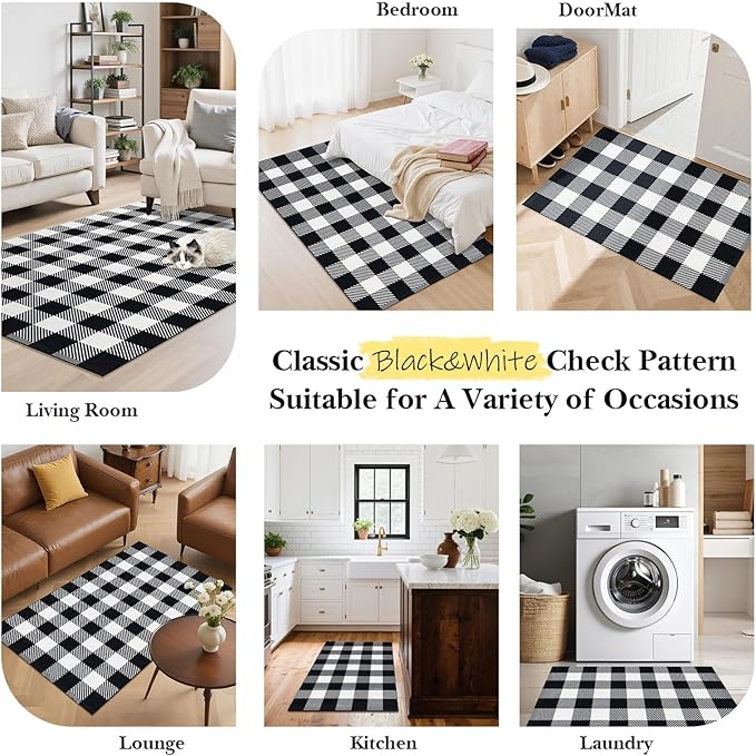 Alfombra a cuadros 2'4'' x 3'7'' Negra y Blanca, para exteriores, Lavable miniatura 5