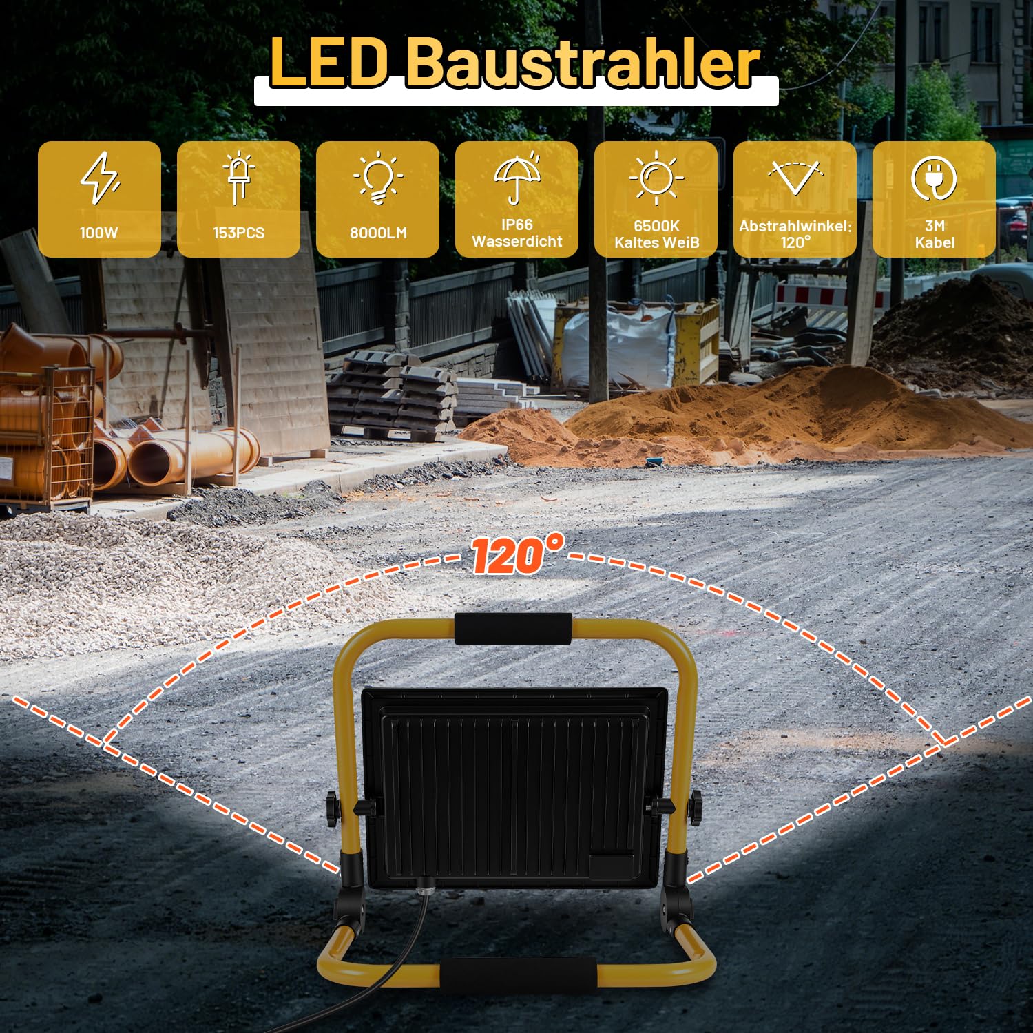 Focos LED de construcción, 4 unidades, 100 W, 6500 K, luz blanca fría, 8000 lm, cable de 3 m | IP66 resistente al agua con soporte plegable, luz de trabajo portátil superbrillante para taller, construcción, garaje