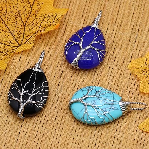 Miniatura 2 de 4 colgantes de piedra natural, forma de gota de agua, chakra, ágata de cristal, alambre de punto, diseño de árbol de vida, para hacer joyas,
