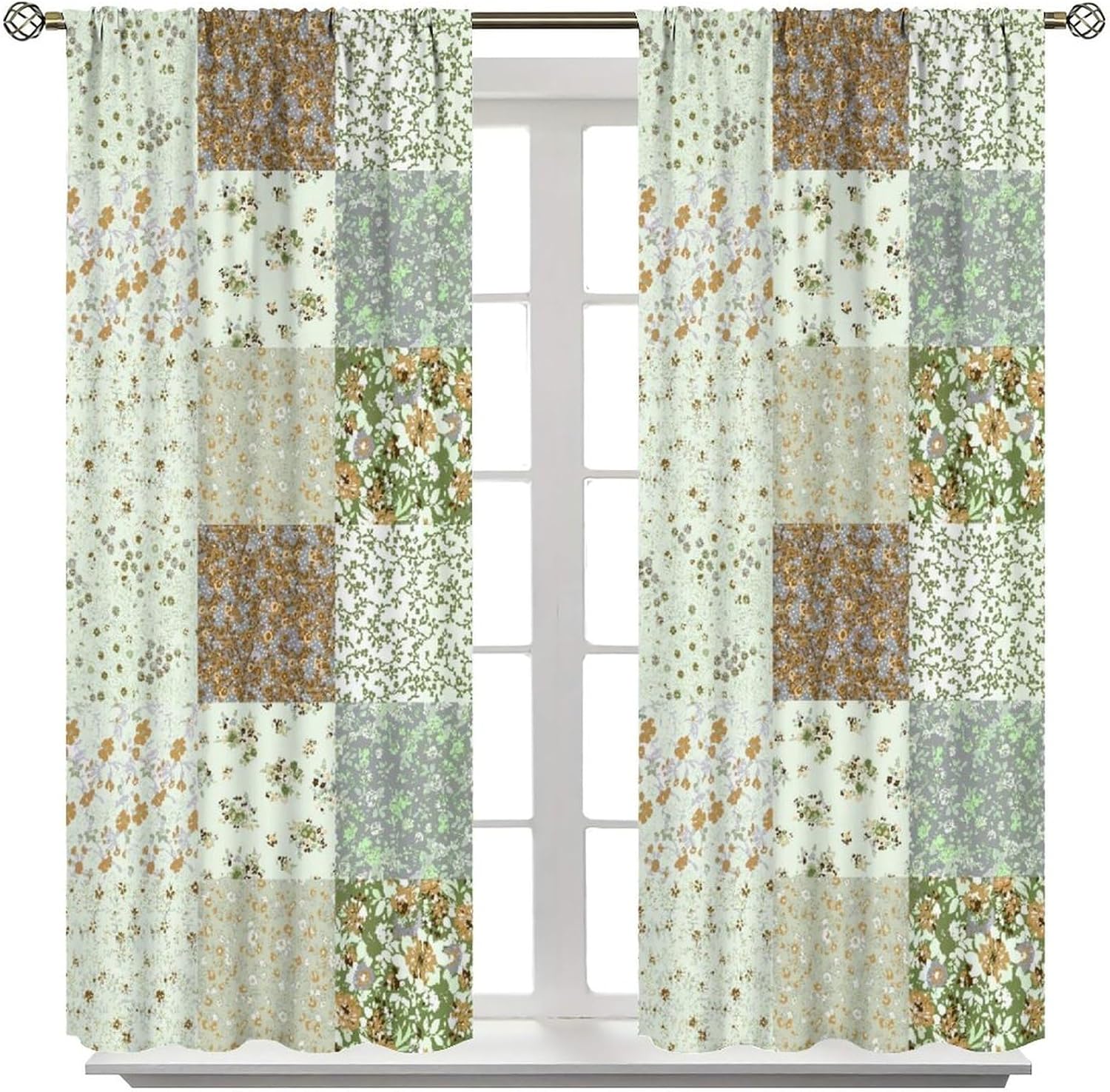 Boho Flower Patchwork Blackout Curtains Farmhouse Patchwork Quilted Country Check Print Window Drapes for Bedroom Living Room Kitchen Cafe （W26xL84 Inch） x2 Panels