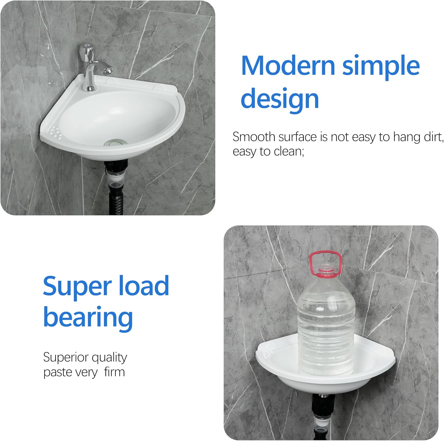 Small Bathroom Sink Wall Mount Bathroom Corner Sink, Triangular wash basin No-Drill Installation Self-Adhesive 12 x 12 Inch with 1.26 Inch Faucet Hole, Mini Rv sink Plastic Sink for Home, Dorm, Garage