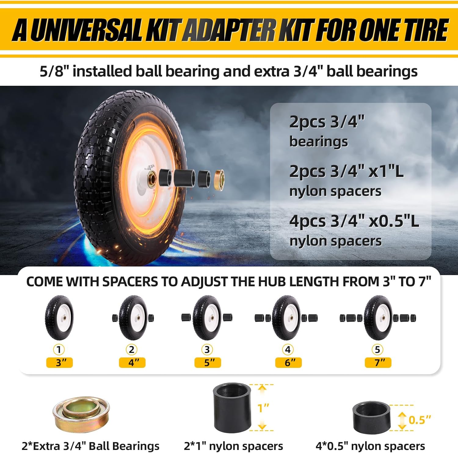 MZREXN 14.5" Wheelbarrow Tire Flat-Free 3.00/3.25/3.50/4.00-8" Solid Tire and Wheel with 3"-7" Centered Hub, 3/4" & 5/8" Bearings Replacement for Hand Truck/Dolly/Utility Cart/Garden Cart 2PCS White