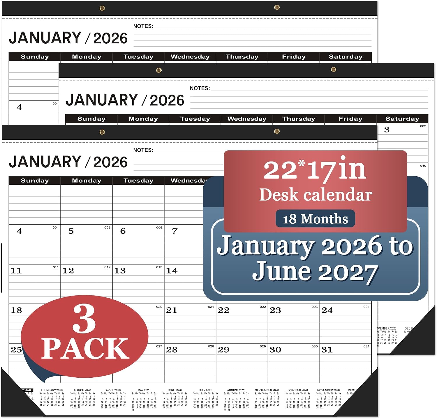 Desk Calendar 2026, Desk Calendar 2026 Large 22 x17(January 2026 - June 2027),2026 Calendar,Classic Black,Large Calendar 2026-2027 with Plastic Cover(2 PACK)