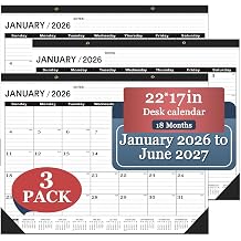 Desk Calendar 2026 Large 22 x17, Desk Calendar 2026-3 PACK-January 2026 to June 2027,2026 Calendar,Classic Black,Large Calendar 2026-2027 with Plastic Cover.