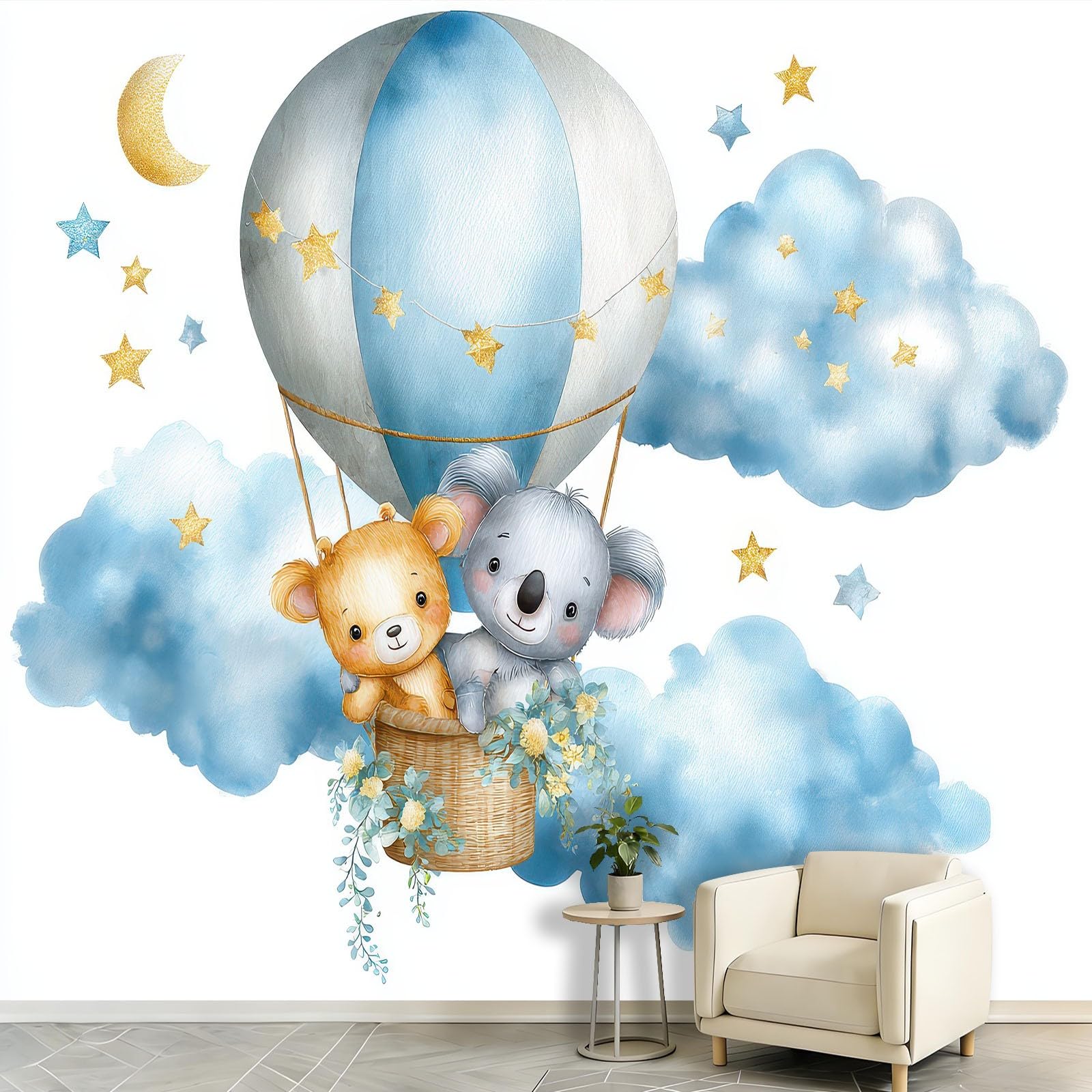 Générique Tapeta 3D pluszowy miś model balonów na ogrzane powietrze, panoramiczna tapeta 200 x 140 cm - do salonu, sypialni, łazienki i kuchni, dekoracja ścienna, urocza kreskówka