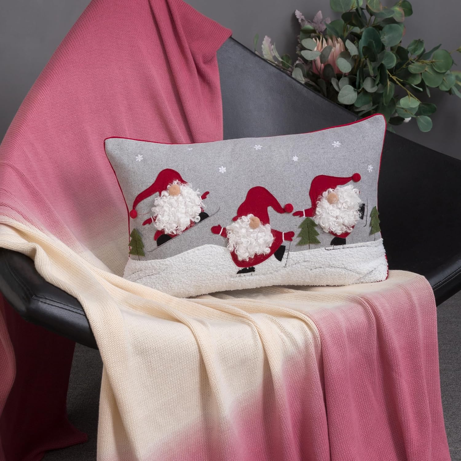 JWH Christmas Throw Pillow Cover Decorative Embroidered Santa Cushion Case Colorful Pillowcase for Bed Living Room Bedroom Couch 12x20 Inches Gray Red White