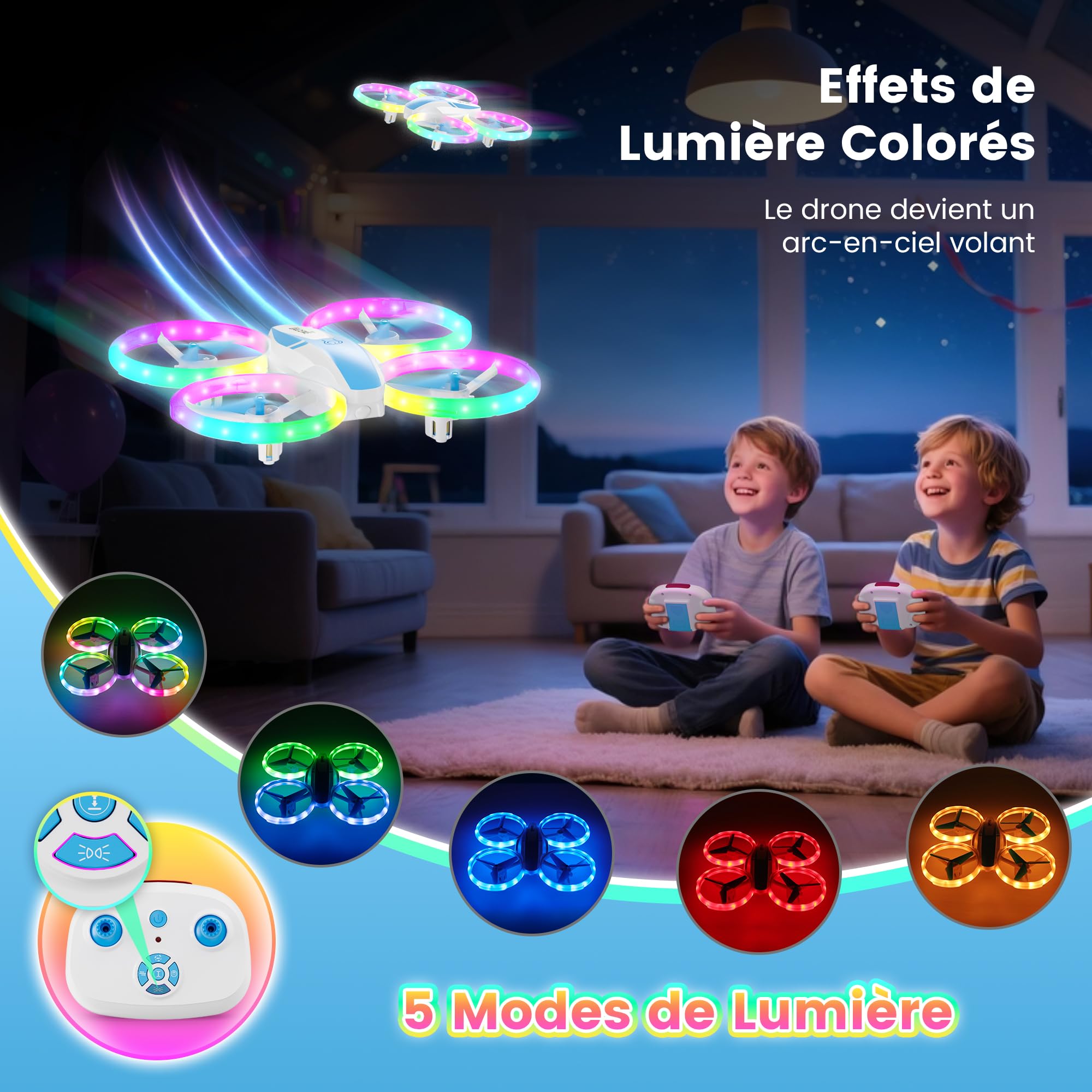 Drone Enfant Mini Avion Télécommandé avec Lumières LED 360°Rotation 2 Batteries Jouet Cadeau pour Garçons et Filles Bleu