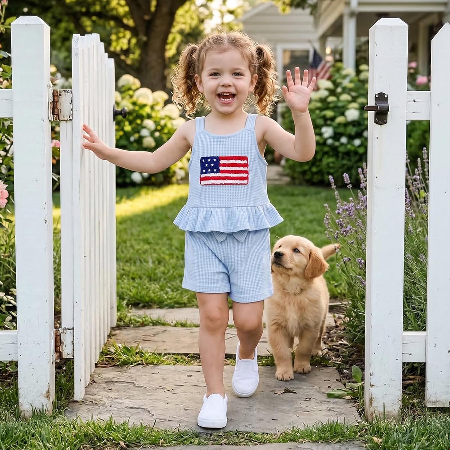 GOOCHEER Toddler Girl Clothes Baby 4th of July Outfit Ruffle Sleeveless Vest Tank Top Shorts Set 12 18 24 Month 2T 3T 4T 5T