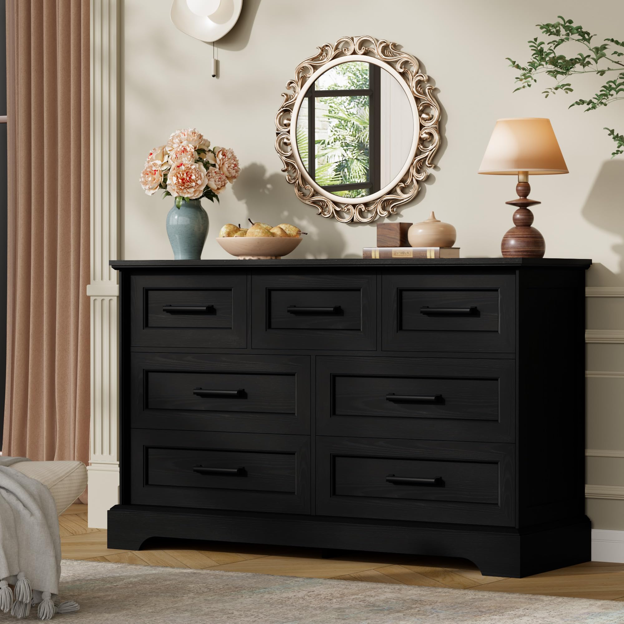 Furmax Farmhouse Dresser for Bedroom, 7 Drawers Dresser, Black