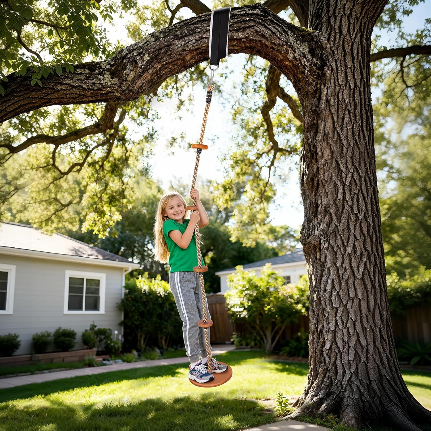 2-in-1 Wooden Disc Swing Set with Climbing Rope & 4 Platforms, 75IN Rope Kids Tree Swing with Straps&Carabiners for Outside Backyard, Playground,Tree House