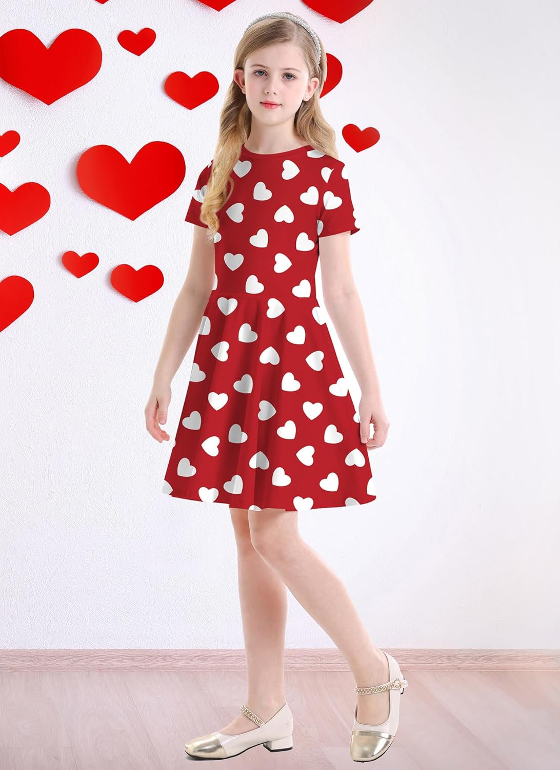 Girls Valentines Dress Outfits Cute Heart Dresses Short Sleeve with Swing - Image 3