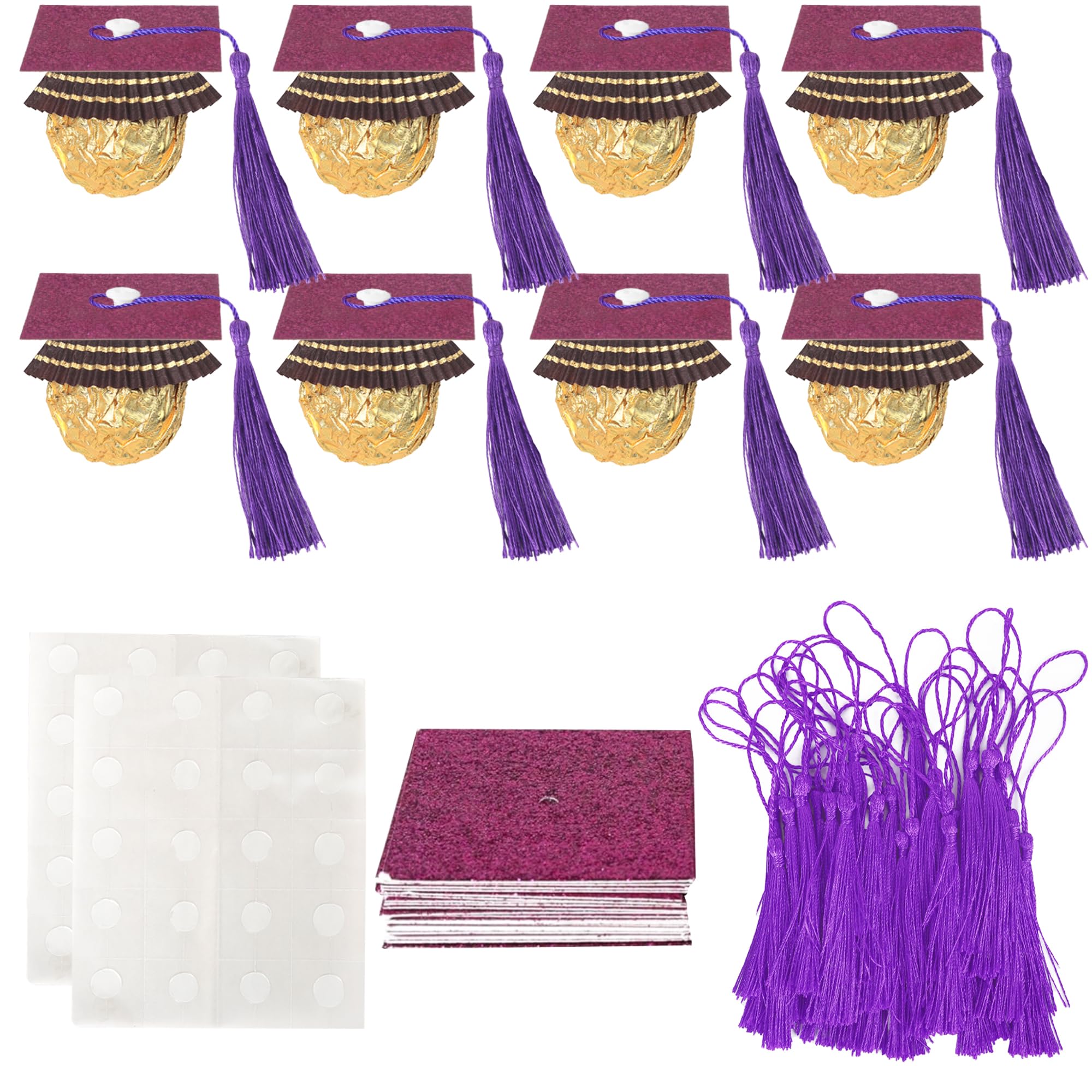 48 PCS 2025 Graduation Cap Cupcake Toppers with Tassel Adhesive Dots Chocolate Decorations Class of 2025 Congrats Grad Cap Cupcake Decorations for