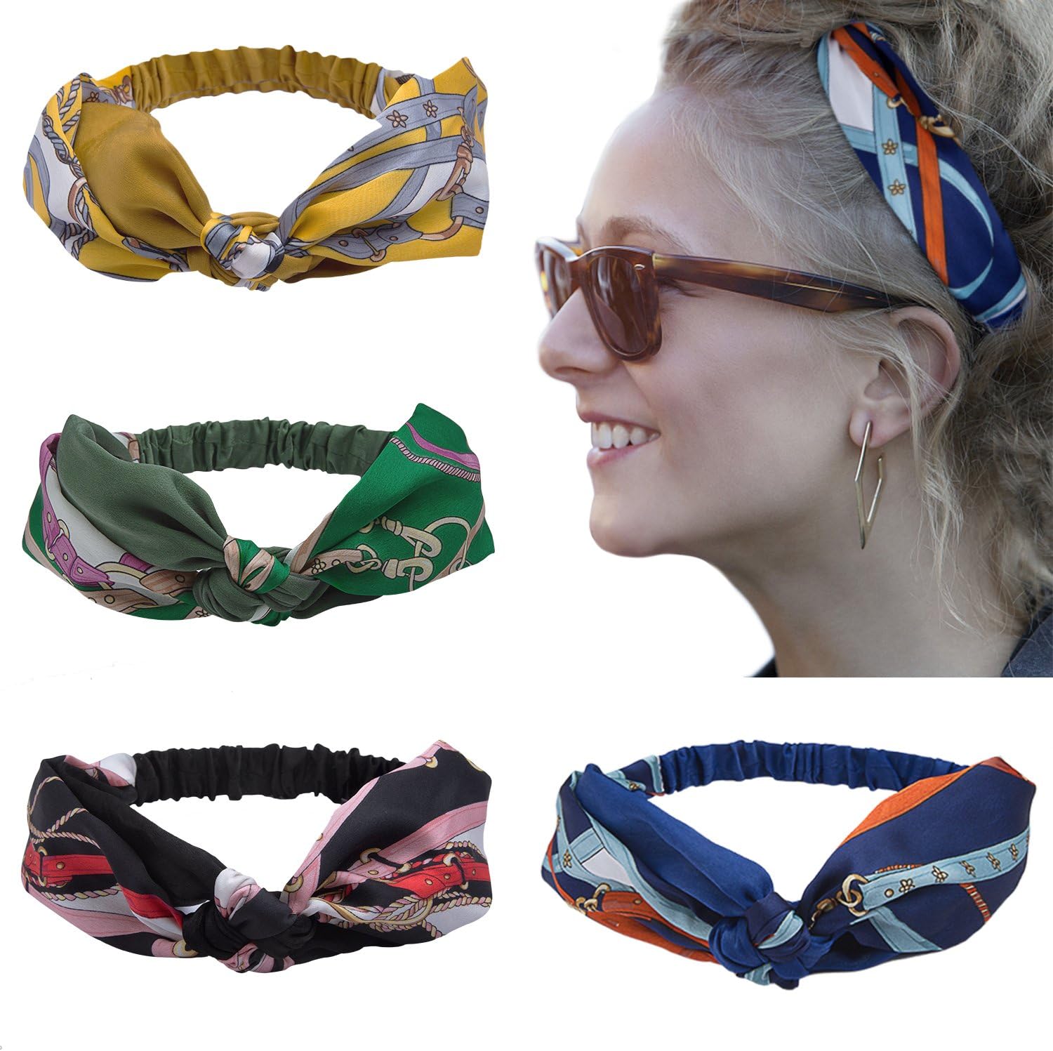 HBselect 4 Pack of Headbands, Satin Fabric Vintage Boho Printed hair bands Knot Wide Headband for Women Girl (New Patterns)