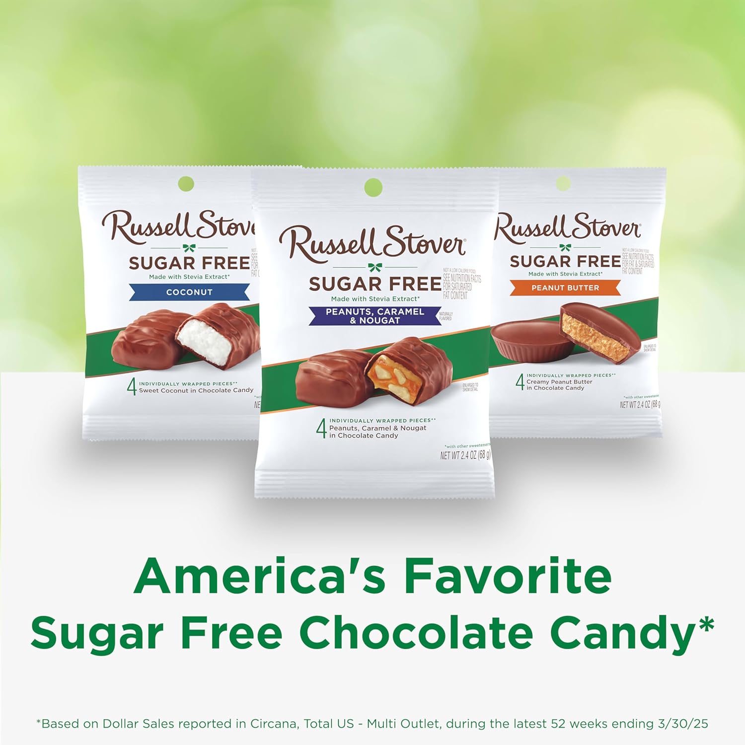 RUSSELL STOVER Sugar Free Peanut, Caramel & Nougat Chocolate Candy, 2.4 oz. bag (Pack of 10)