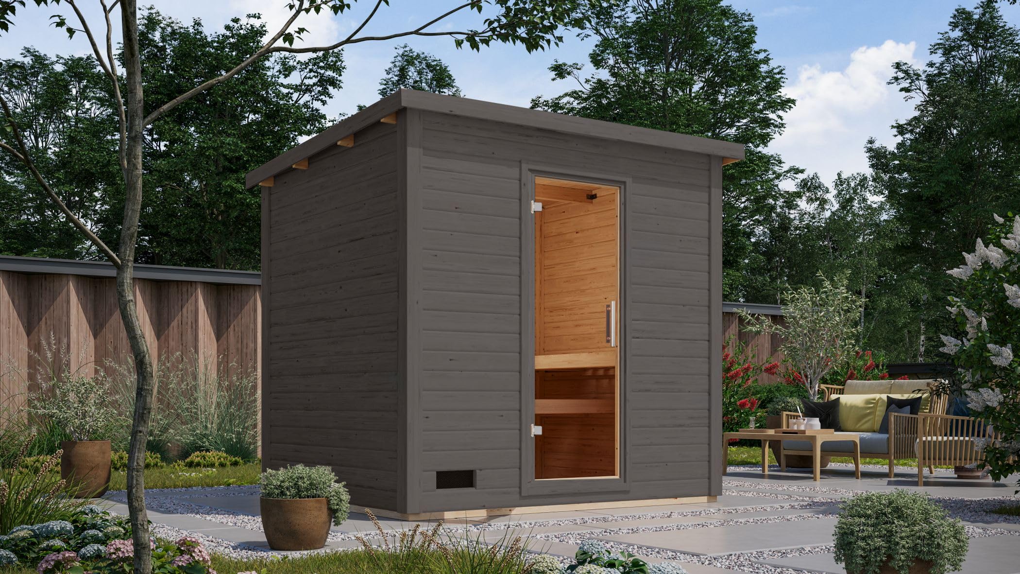 Saunahaus Kaapi 4 Außensaun 38mm Wandstärke in natur oder terragrau mit versch. Saunaöfen (inkl. Ofen 9 kW Bio ext. Strg., naturbelassen)