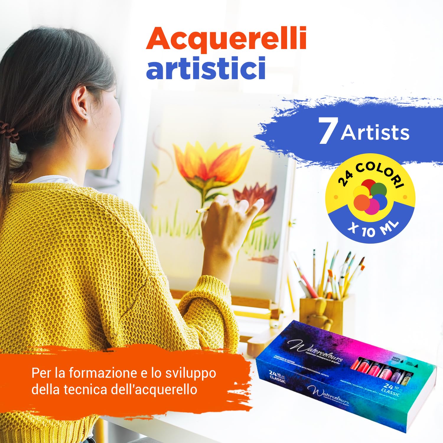 Acquerelli Professionali – 24 x 10 ml Tubetto Set Acquerelli | Acquarelli per Dipingere Portatili | Kit Acquarelli Professionali Adulti