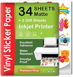 Premium Printable Vinyl Sticker Paper for Inkjet Printer - 34 Sheets Self-Adhesive Sheets Matte White Waterproof, Dries Quickly Vivid Colors, Holds Ink Well - Tear Resistant
