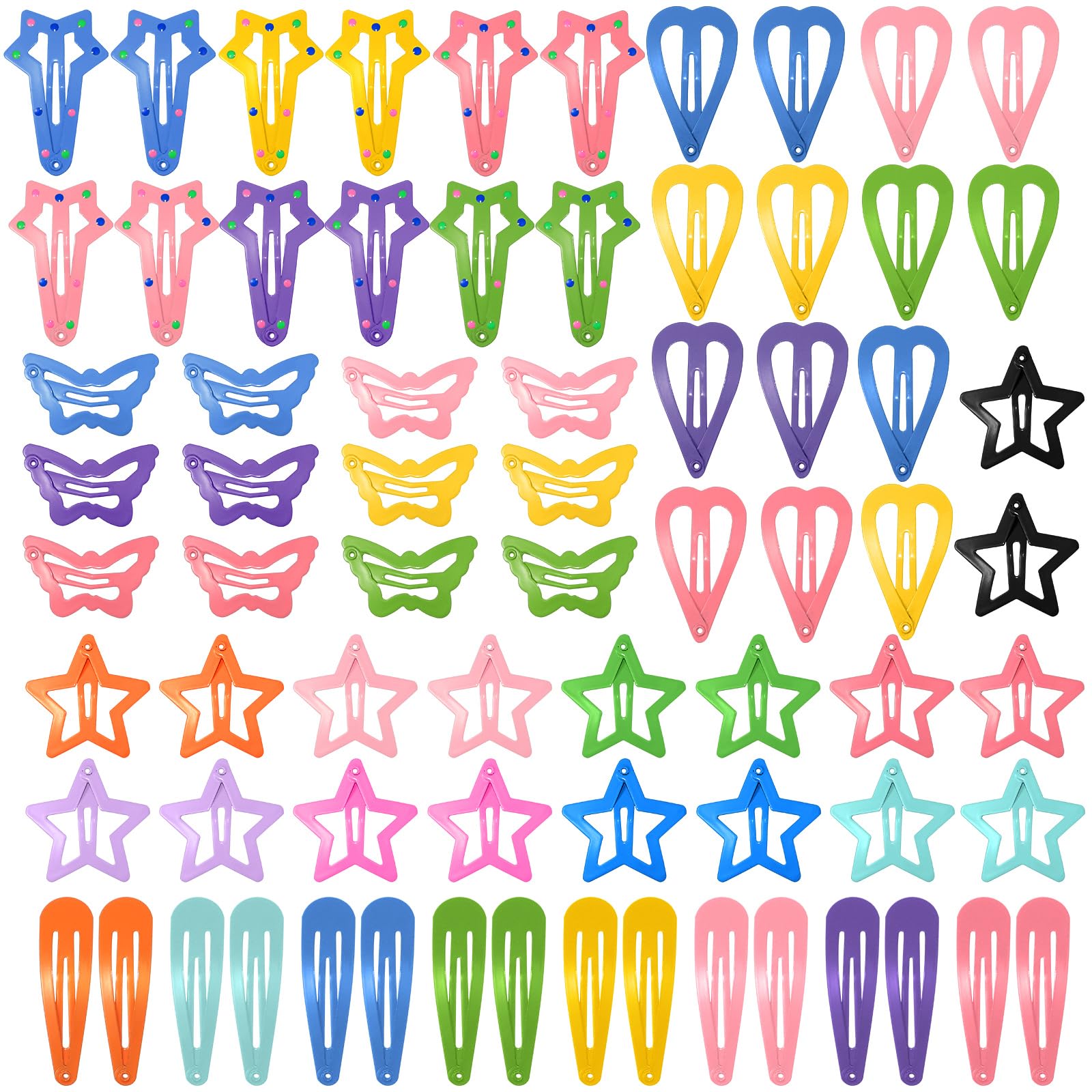 obeoby 82 fermagli per capelli colorati in 5 stili per ragazze, fermagli per capelli in metallo a scatto per ragazze graziose stelle farfalle cuori clip per ragazze accessori per capelli regalo