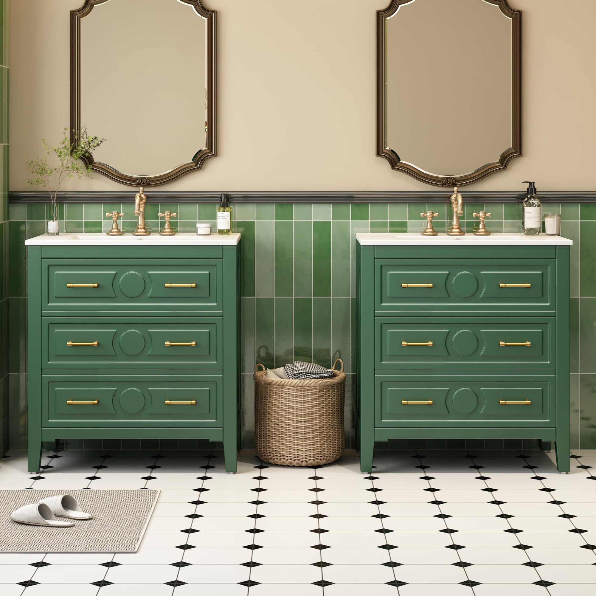 60" Solid Wood Carved Lavatory Vanity Set, Bathroom Cabinet with Sink of Ceramic Basin &amp; 3-Hole, Bathroom Cabinet with Concealed 3-Drawer Storage for Bathroom Organization, Green