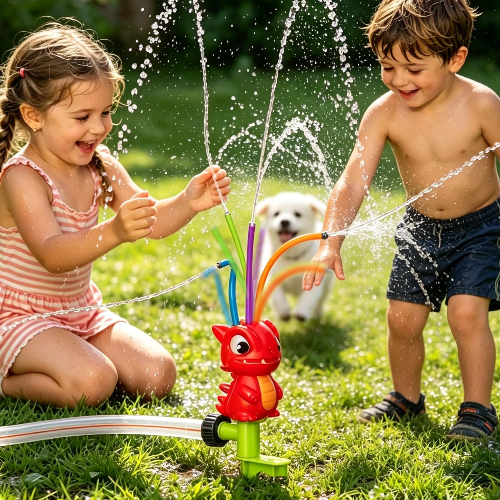 Water Sprinkler for Kids, Fire Hydrant Water Toy Hose Sprinkler Garden Spinning Sprinkler for Kid, Summer Outdoor Sprinkler Toys for Boy/Girls Gift 3-10 Years Old with Storage Bag (Red Dinosaur)