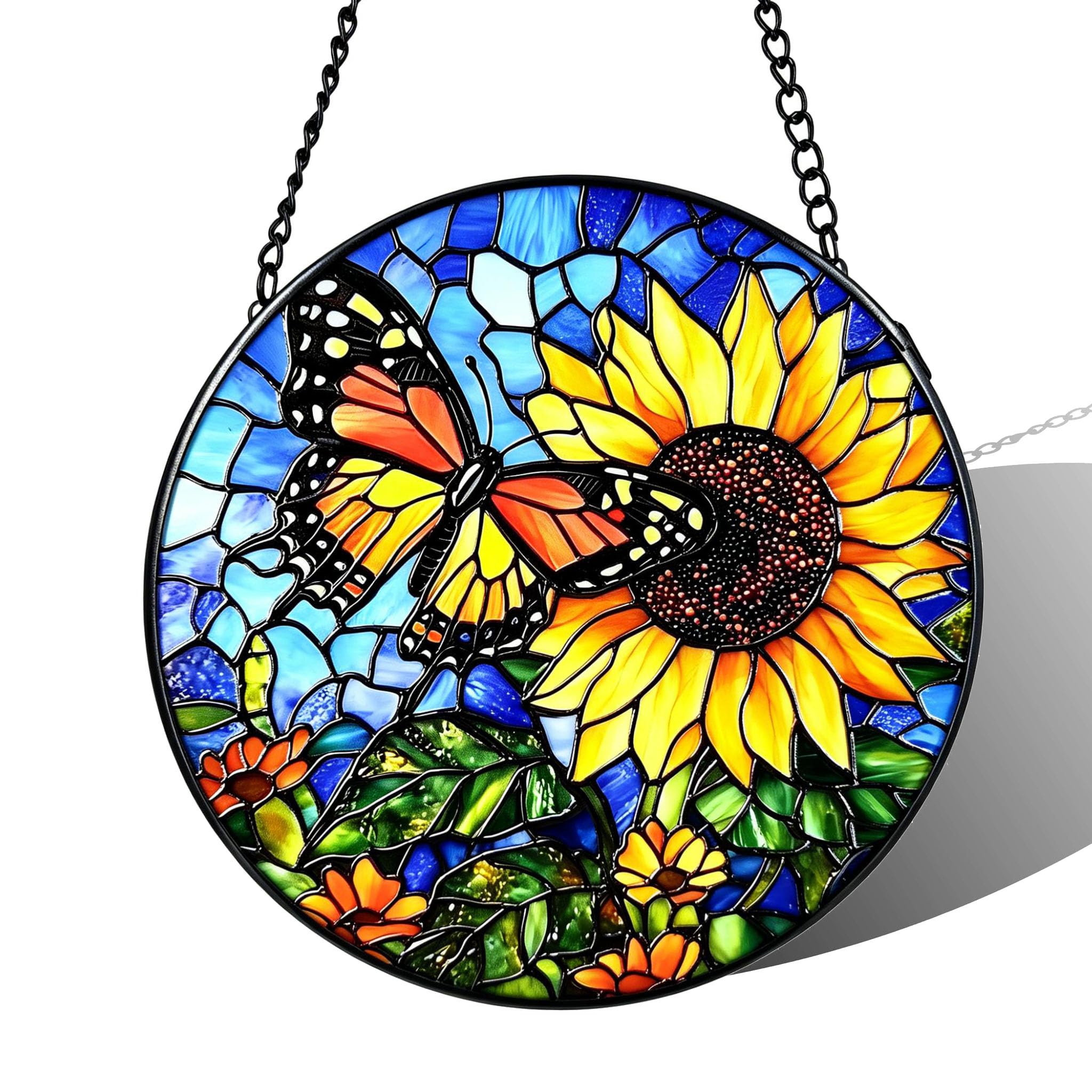 Stained Acrylic Puzzle Suncatcher,7.48in Butterfly and Sunflower Printed Patio Porch Gift