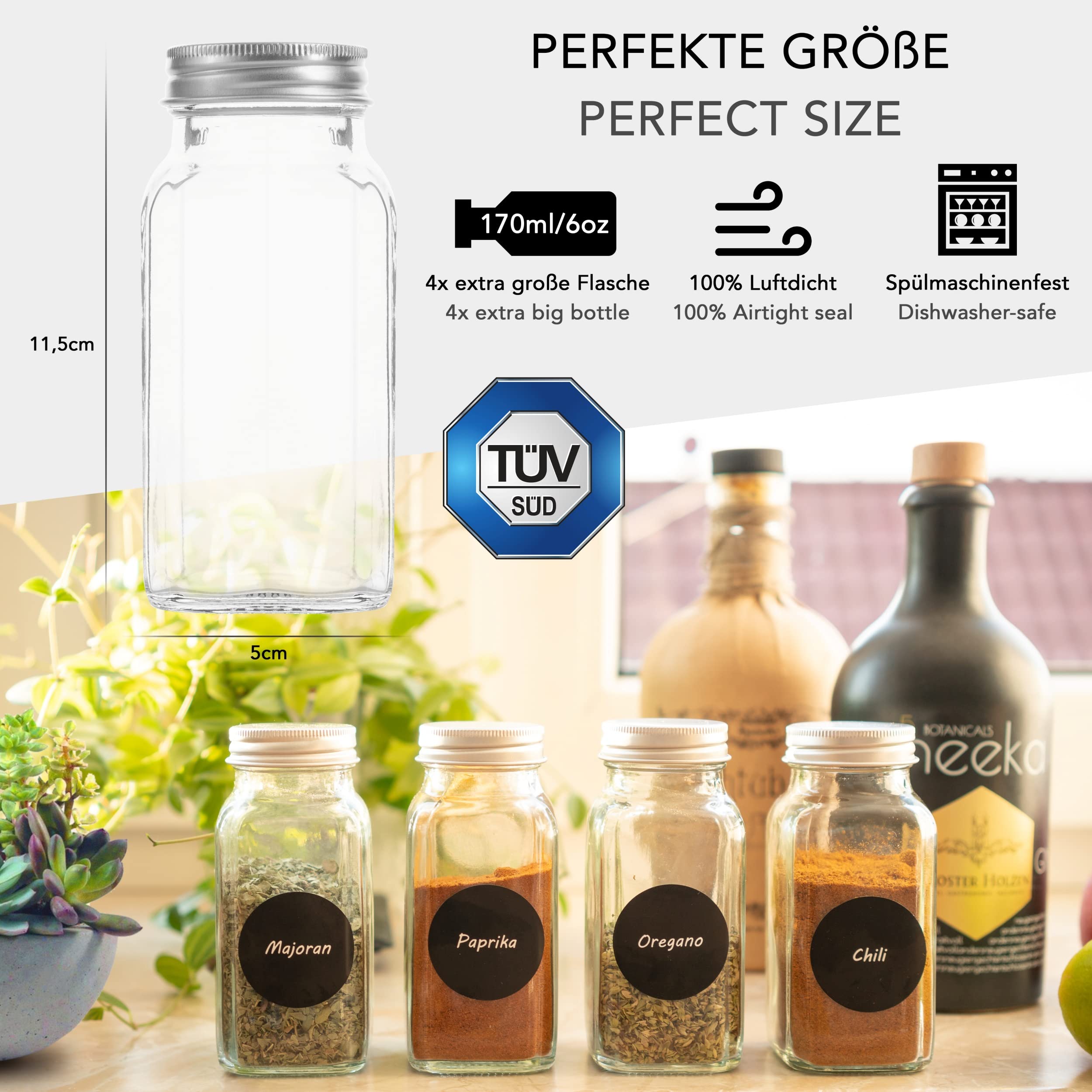 4 spice jars for easy storage of spices, thanks to the extra large 170 ml capacity ideal for refills - Image 2