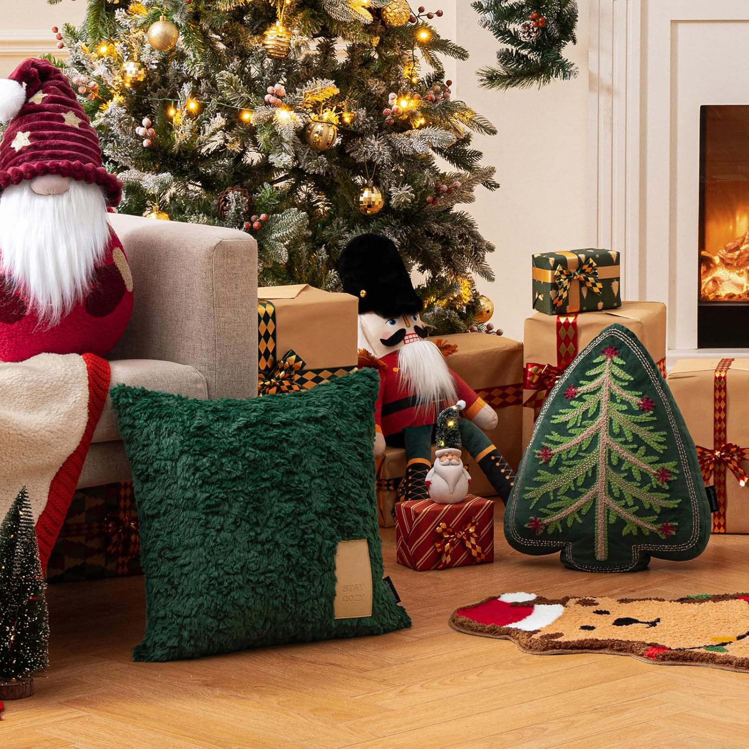 Phantoscope Merry Christmas Tree Decorative Throw Pillow, Velvet Beads Embroidery 3D Shaped Cushion, Green, 18 x 14 in