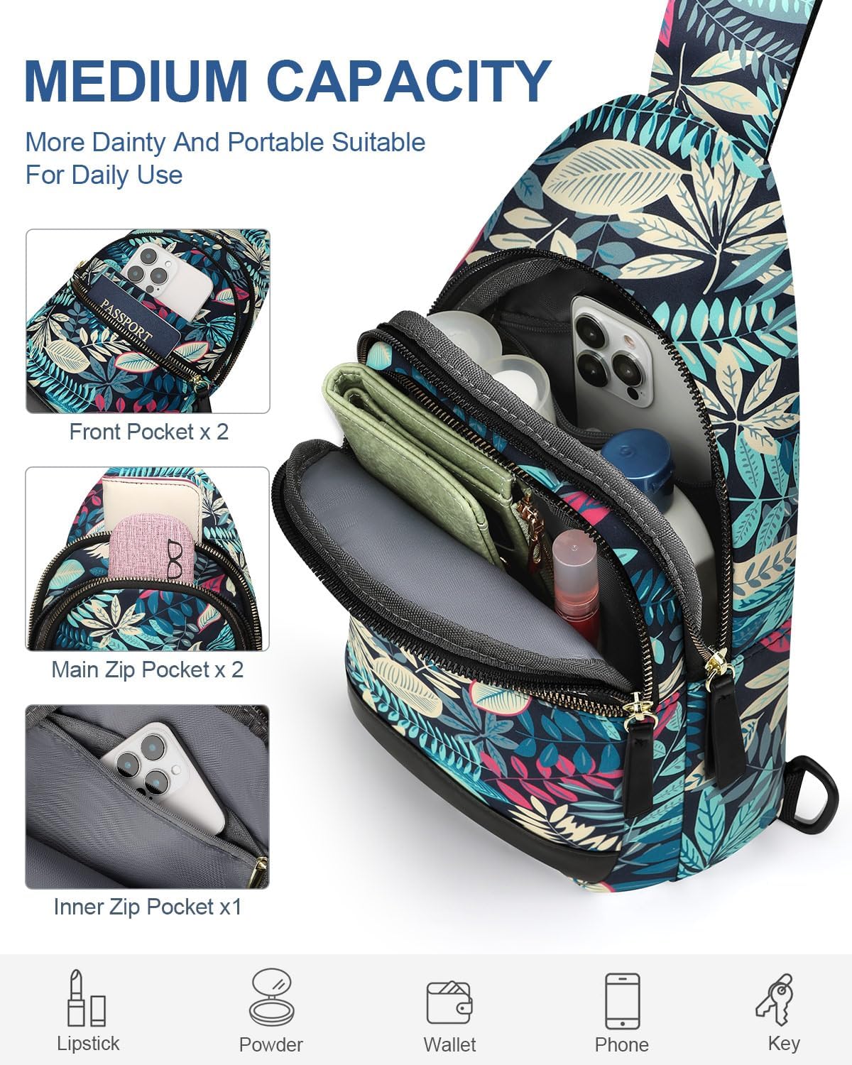 Capolo Sling Bag for Women Men Waterproof Crossbody Bags for Women Trendy Casual Fanny Pack with Convertible Shoulder Strap Chest Bag for Travel Hiking(Blue Leaves, Medium) - Image 4